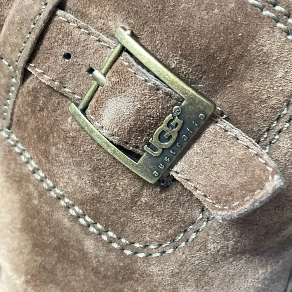 UGG Size 7 Brown Suede Leather Boots Sheepskin Lined 5358 Side Buckle 38 EU